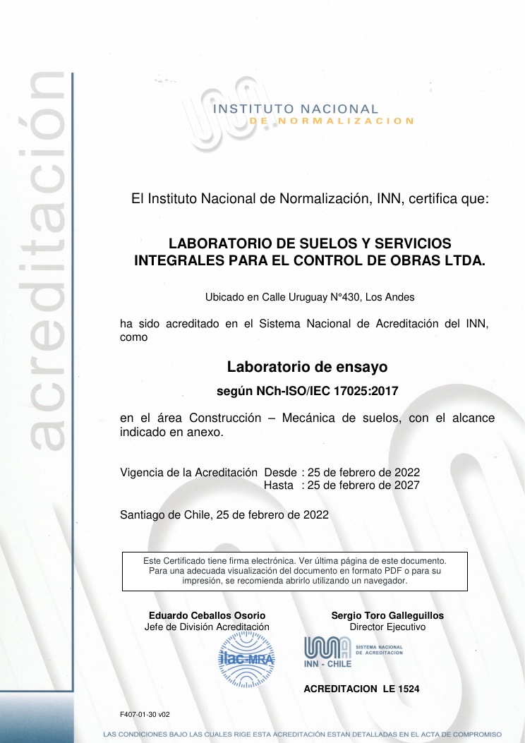 Certificado de acreditación LE 1524 — Construcción — Mecánica de suelos